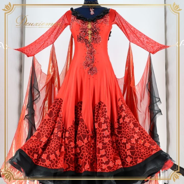 社交ダンス 衣装 ドレス ドレス ワンピース 赤 黒 フロート 光沢 薔薇 花 感 上品 デモ 競技 ダンス パーティ ブラック系 レッド系 in the MOOD インザムード スカート2枚重ね おしゃれ ボリューム