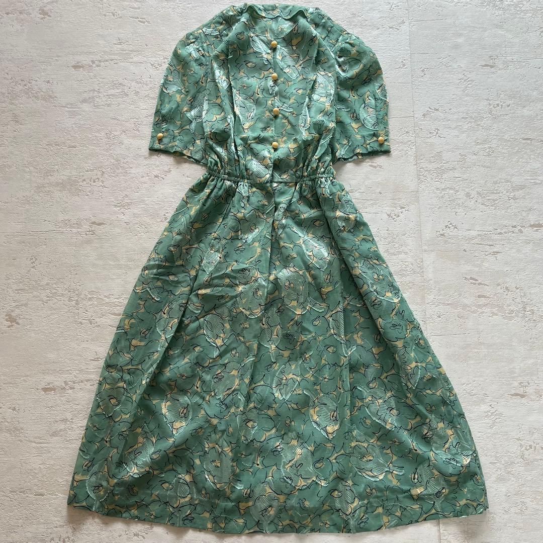  昭和レトロ花柄半袖ロングワンピース透け素材リーフ柄刺繍入り9号グリーンN 3 半袖 その他