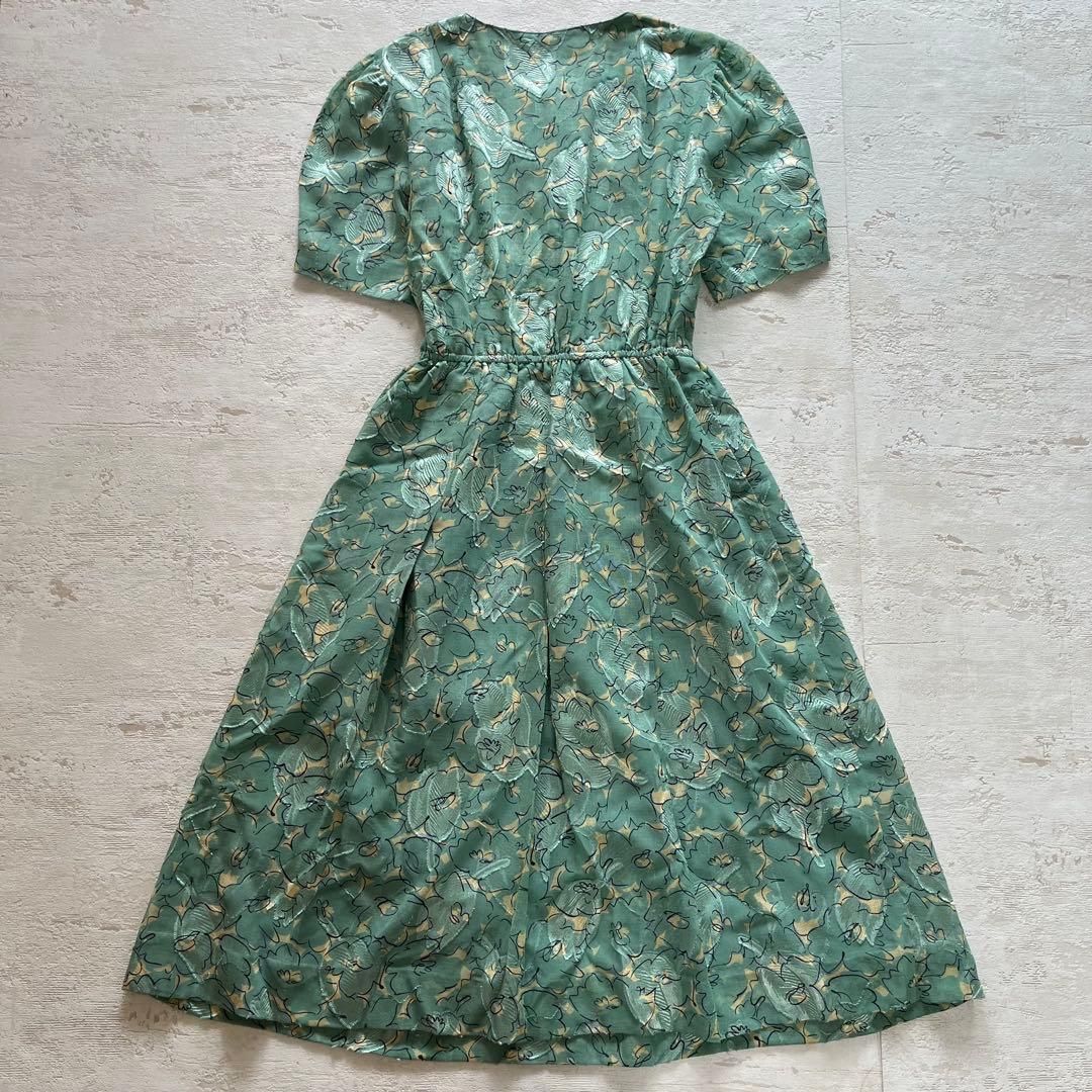昭和レトロ花柄半袖ロングワンピース透け素材リーフ柄刺繍入り9号グリーンN 3