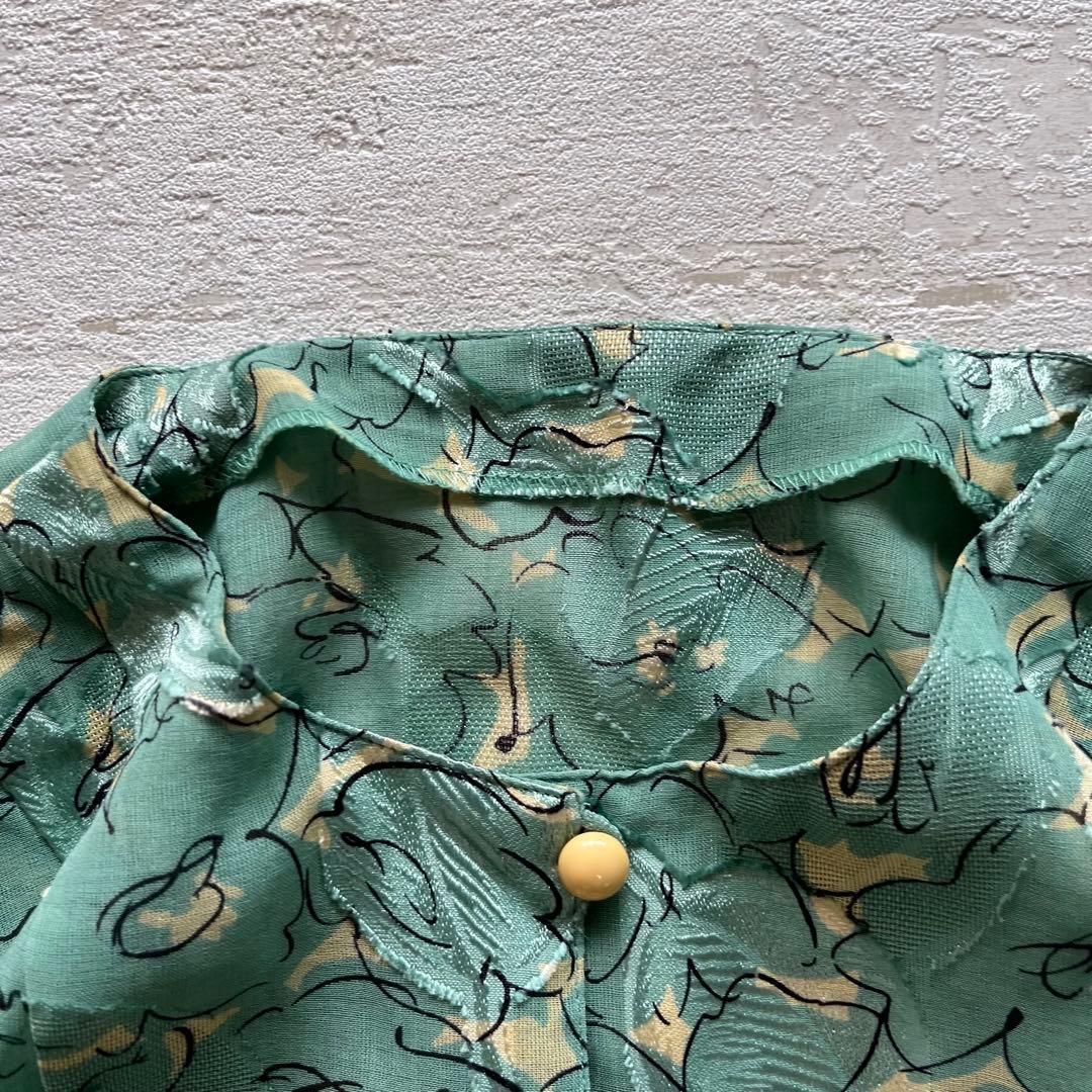 昭和レトロ花柄半袖ロングワンピース透け素材リーフ柄刺繍入り9号グリーンN 3