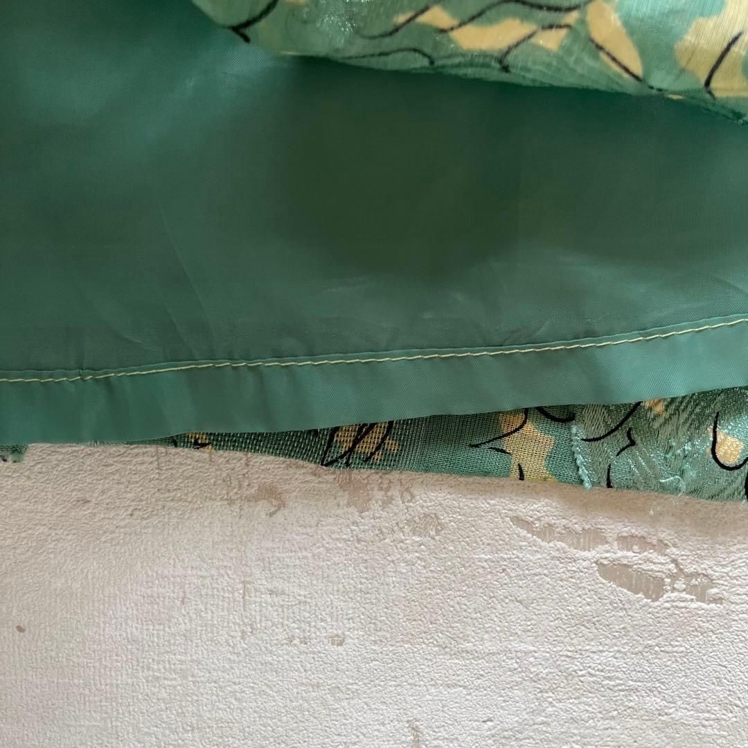 昭和レトロ花柄半袖ロングワンピース透け素材リーフ柄刺繍入り9号グリーンN