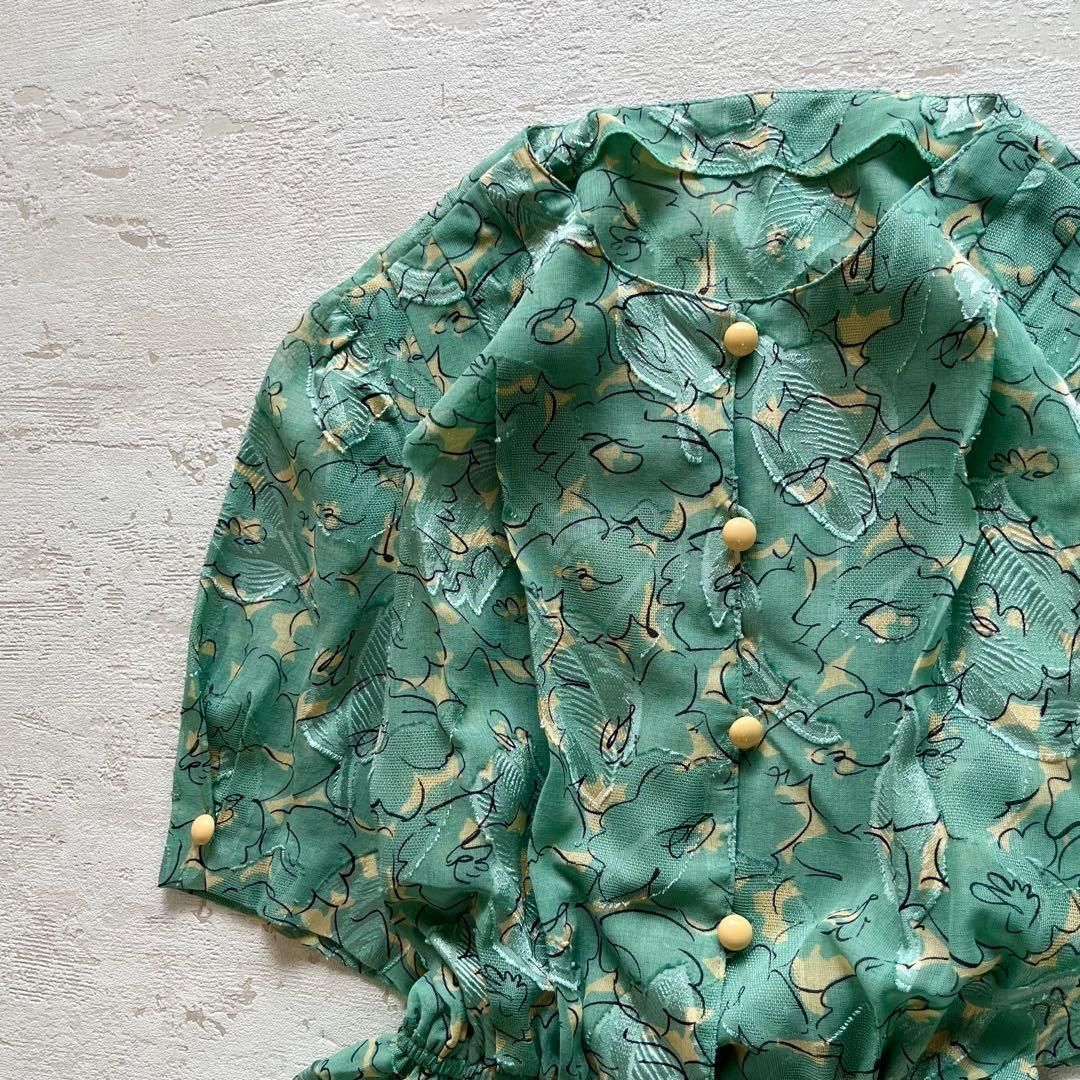 昭和レトロ花柄半袖ロングワンピース透け素材リーフ柄刺繍入り9号グリーンN3