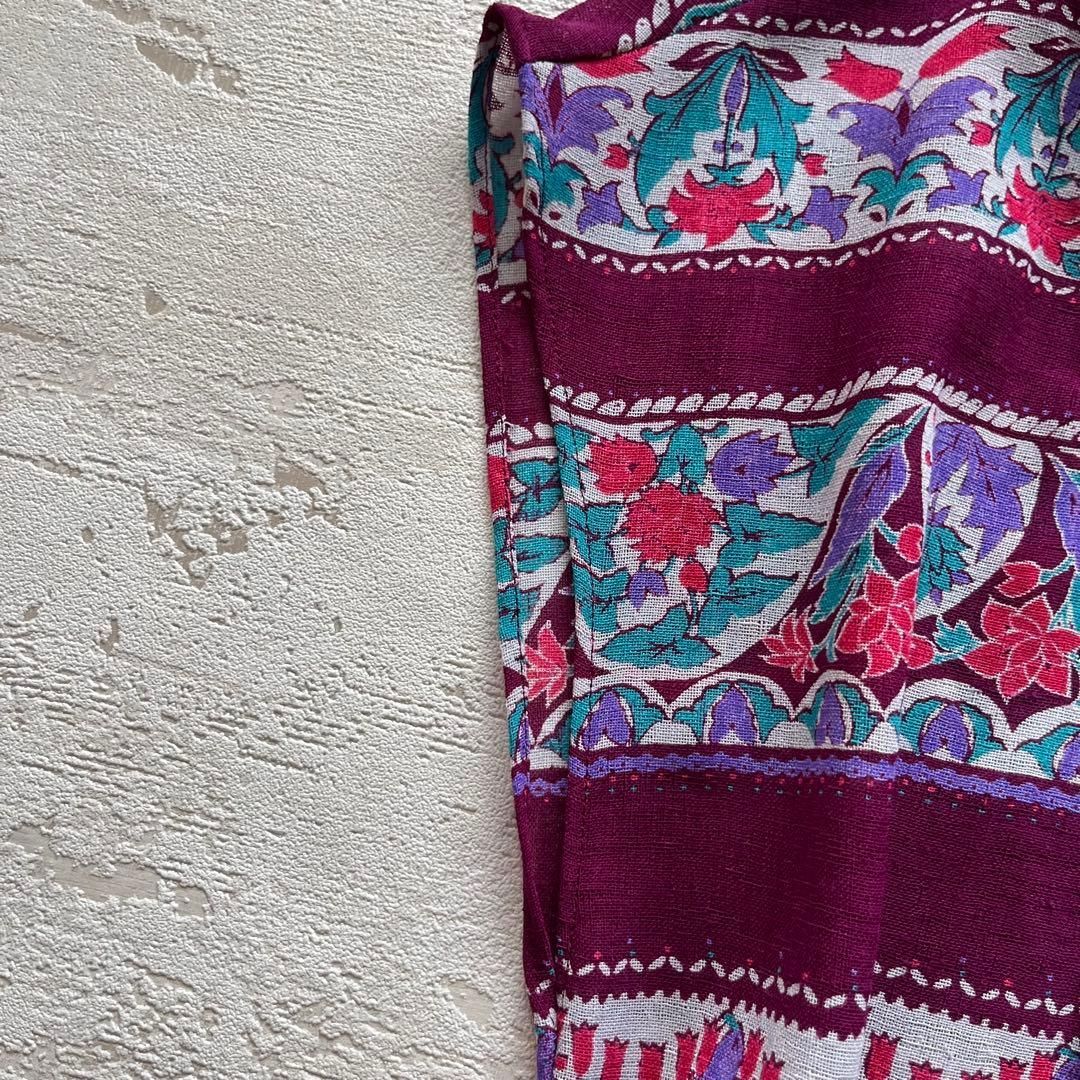 昭和レトロ花柄ノースリーブロングワンピース透け素材ボーダーパープル系9号M 1