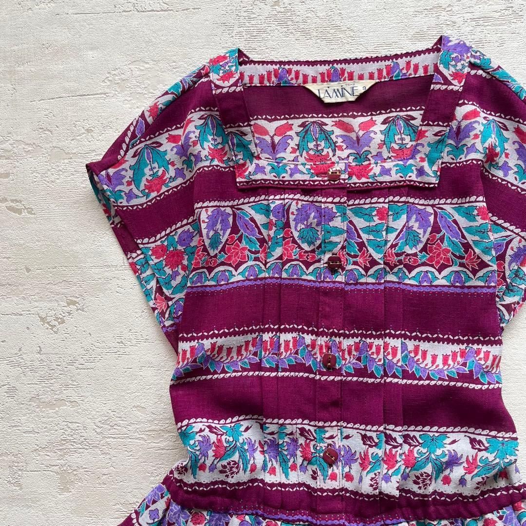 昭和レトロ花柄ノースリーブロングワンピース透け素材ボーダーパープル系9号M1