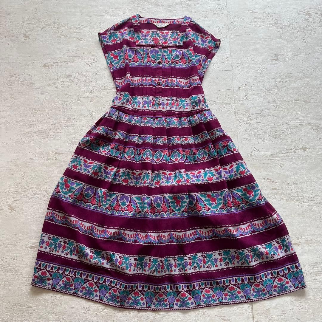 昭和レトロ花柄ノースリーブロングワンピース透け素材ボーダーパープル系9号M