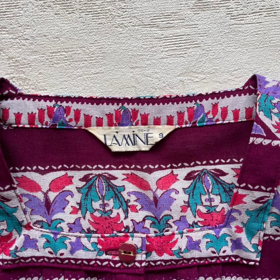 昭和レトロ花柄ノースリーブロングワンピース透け素材ボーダーパープル系9号M