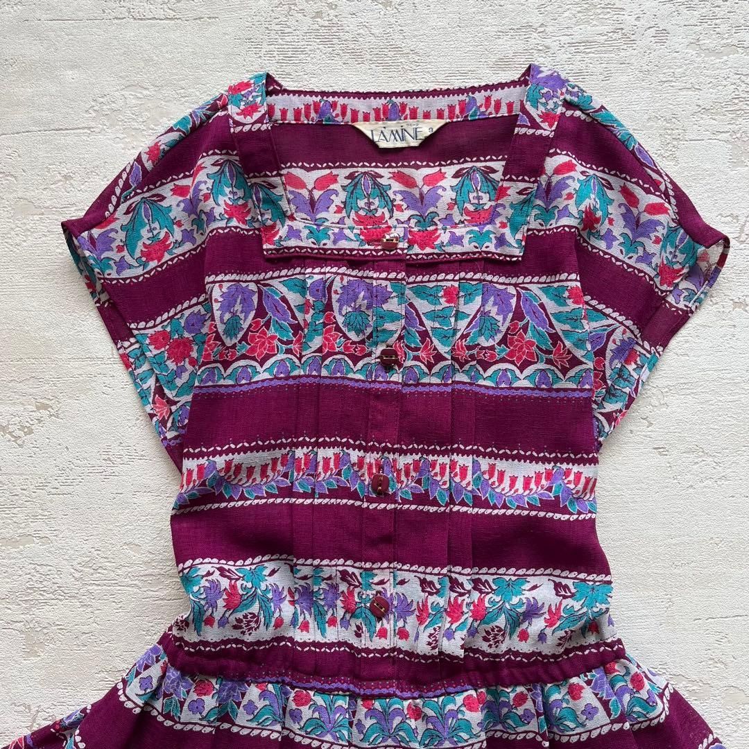 昭和レトロ花柄ノースリーブロングワンピース透け素材ボーダーパープル系9号M 1