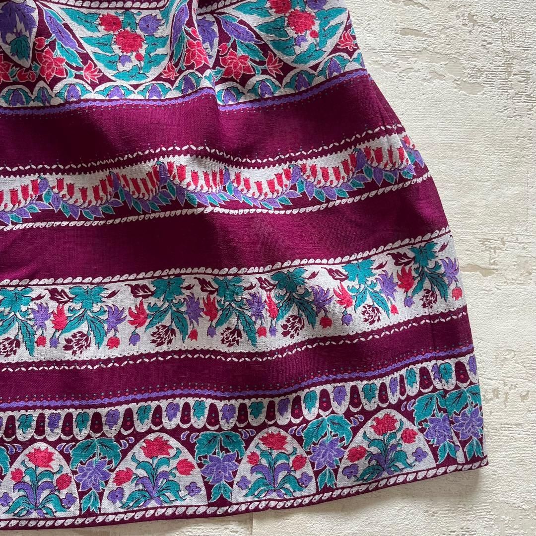 昭和レトロ花柄ノースリーブロングワンピース透け素材ボーダーパープル系9号M 1