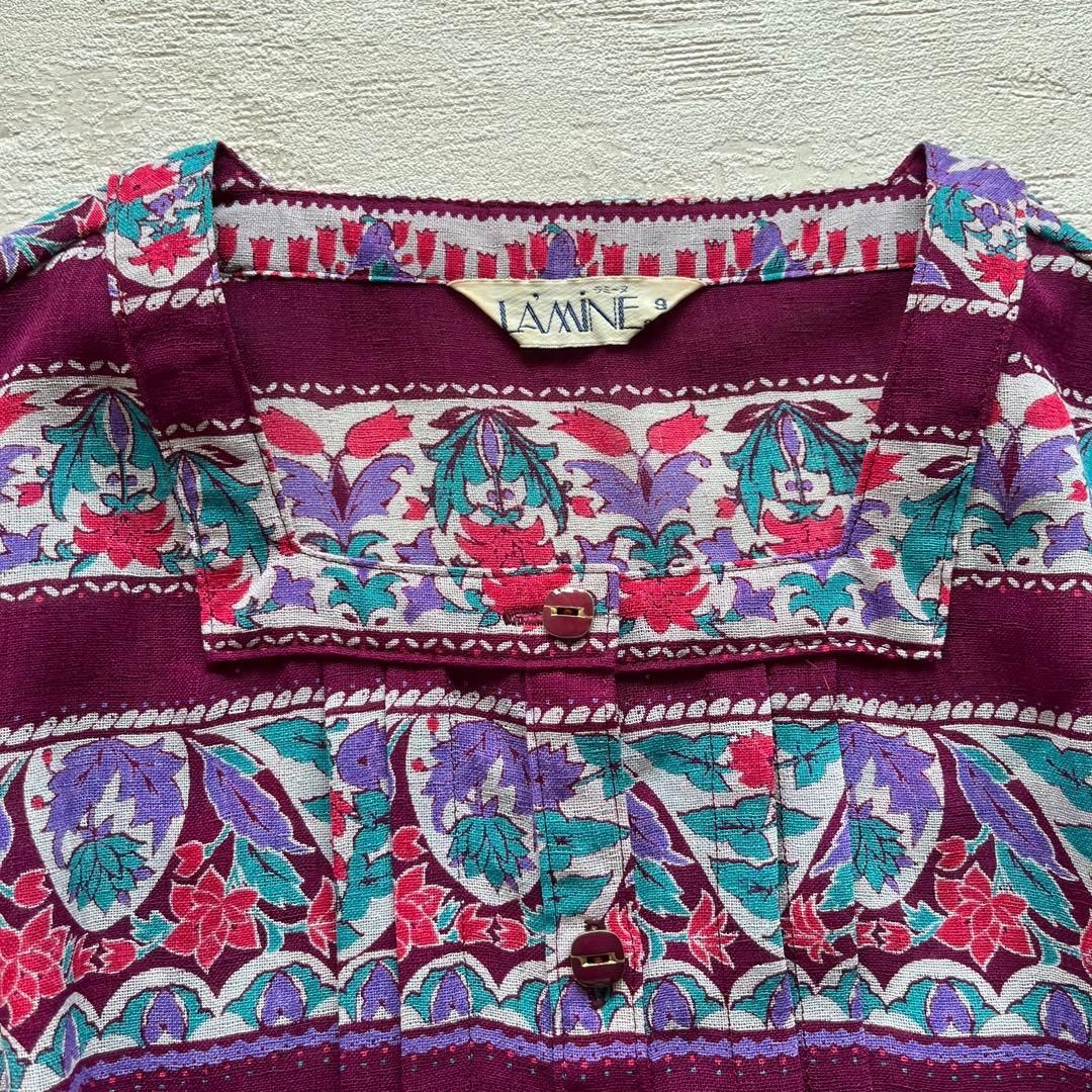 昭和レトロ花柄ノースリーブロングワンピース透け素材ボーダーパープル系9号M