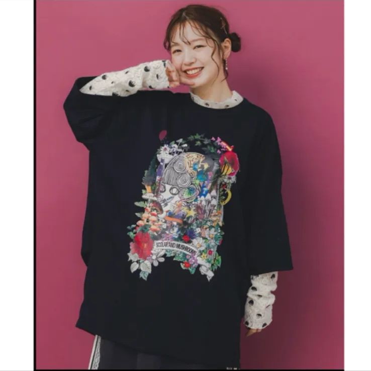 Scolar ミニ裏毛×起毛レースきのこ柄レイヤード風チュニック