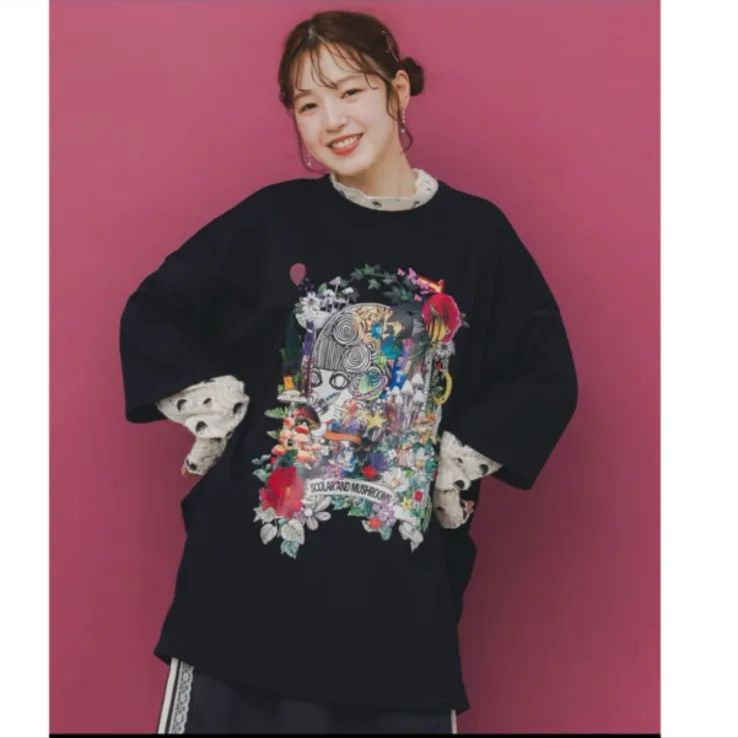 ミニ裏毛×起毛レースきのこ柄レイヤード風チュニック