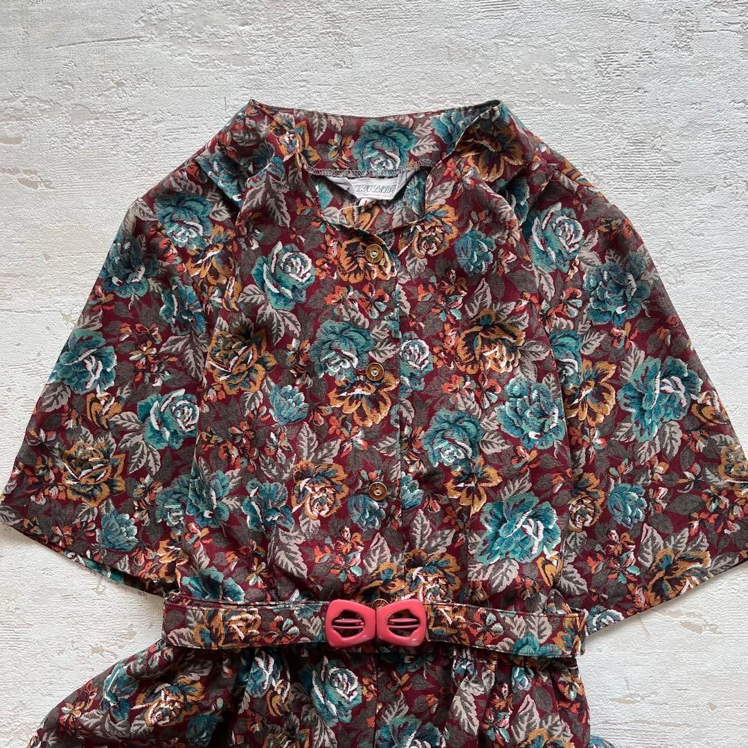 昭和レトロアート風半袖ロングワンピースベルト付き透け素材ブラウン11号M1