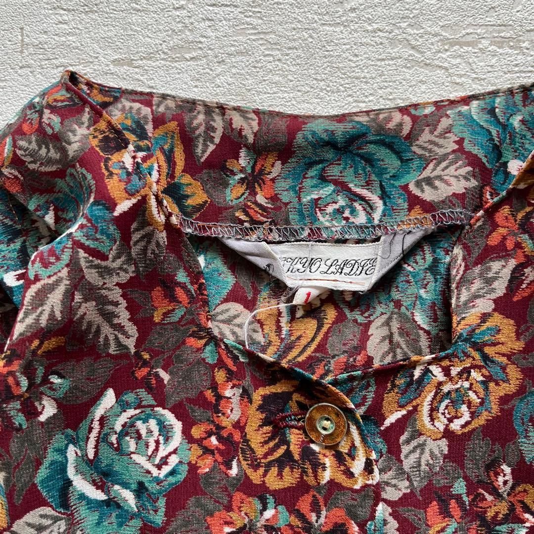 昭和レトロアート風半袖ロングワンピースベルト付き透け素材ブラウン11号M1