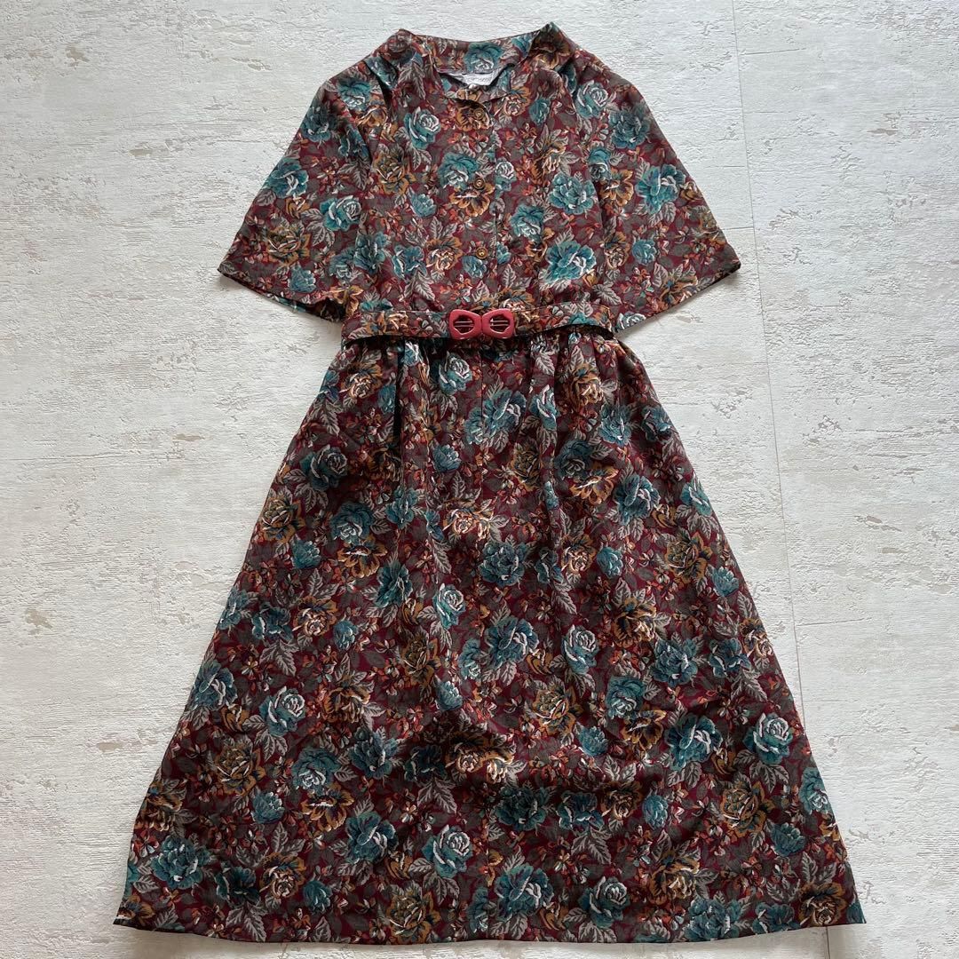 昭和レトロアート風半袖ロングワンピースベルト付き透け素材ブラウン11号M1