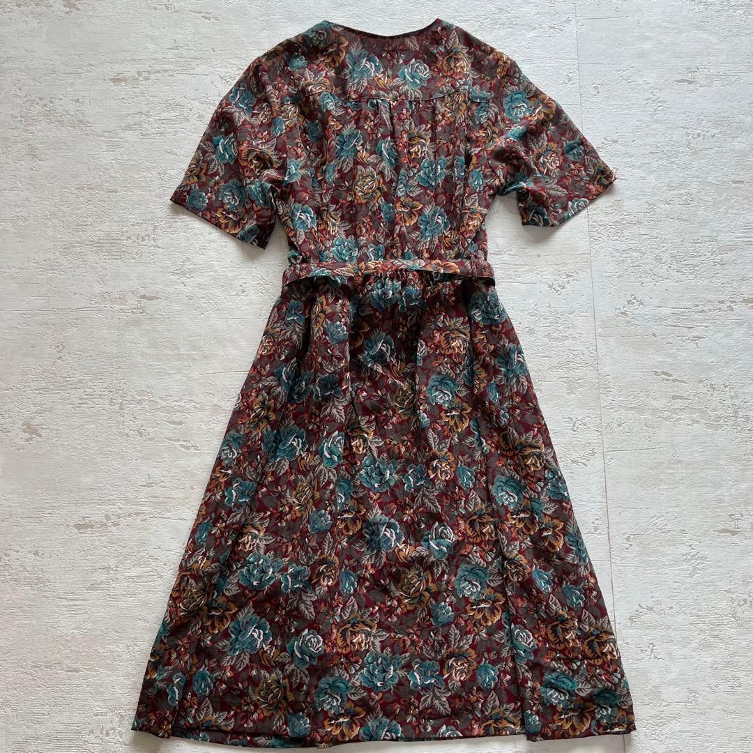 昭和レトロアート風半袖ロングワンピースベルト付き透け素材ブラウン11号M1