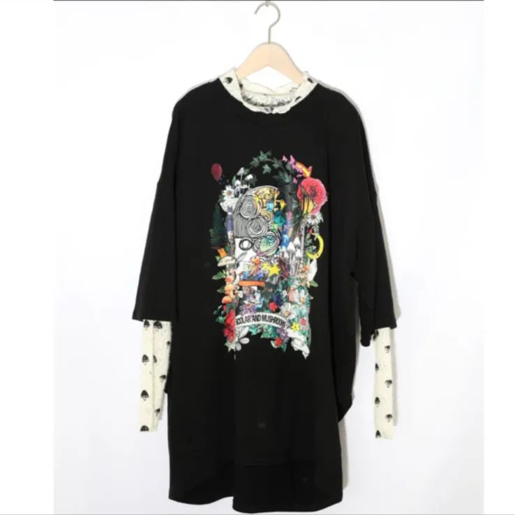 ミニ裏毛×起毛レースきのこ柄レイヤード風チュニック