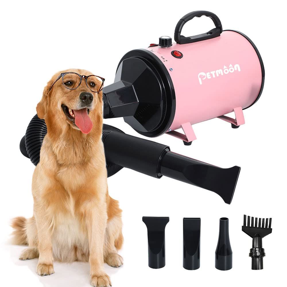 Petmoon ペットドライヤー ペットヘアードライヤー ブロワー 無段階速度制御 送風機 4つのノズル付き 家庭用 風速 温度調整 強いブロー力 騒音低減 100V 1500W 日本語説明書付き ピンク