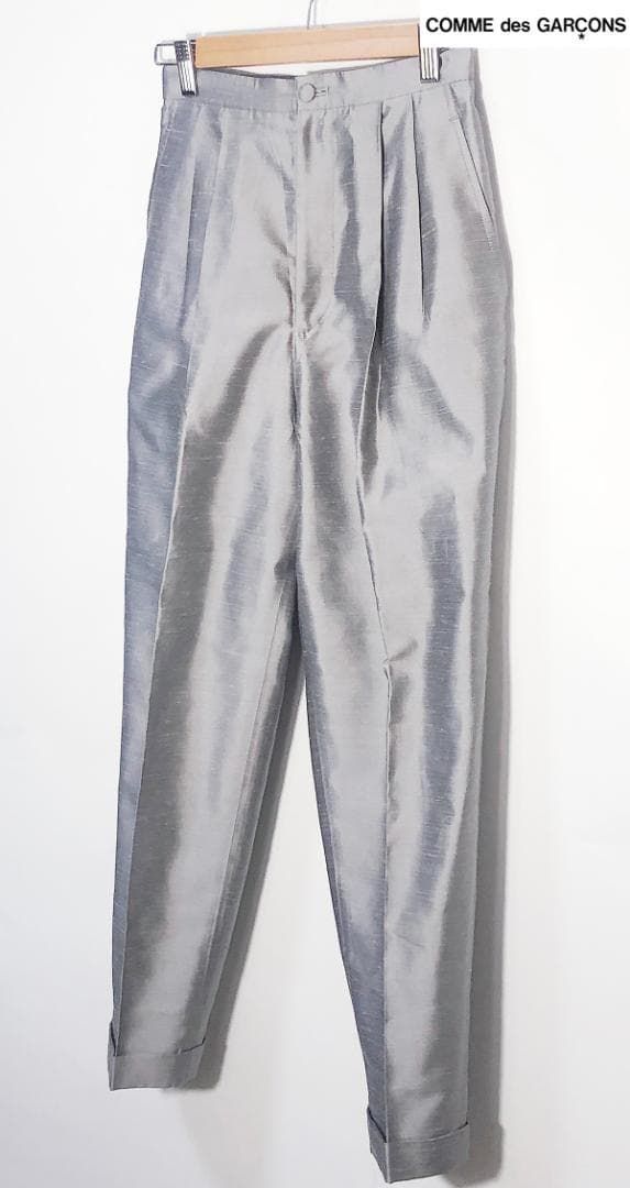 |保存状態良好|vinatage 1991ss|COMME des GARCON 青山 シルク|ポリ サルエル風 2タック スラックス|テーパードパンツ シルバー ワイド ダブル
