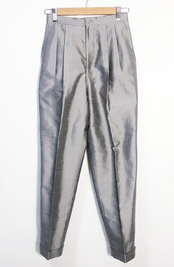 |保存状態良好|vinatage 1991ss|COMME des GARCON 青山 シルク|ポリ サルエル風 2タック スラックス|テーパードパンツ シルバー ワイド ダブル