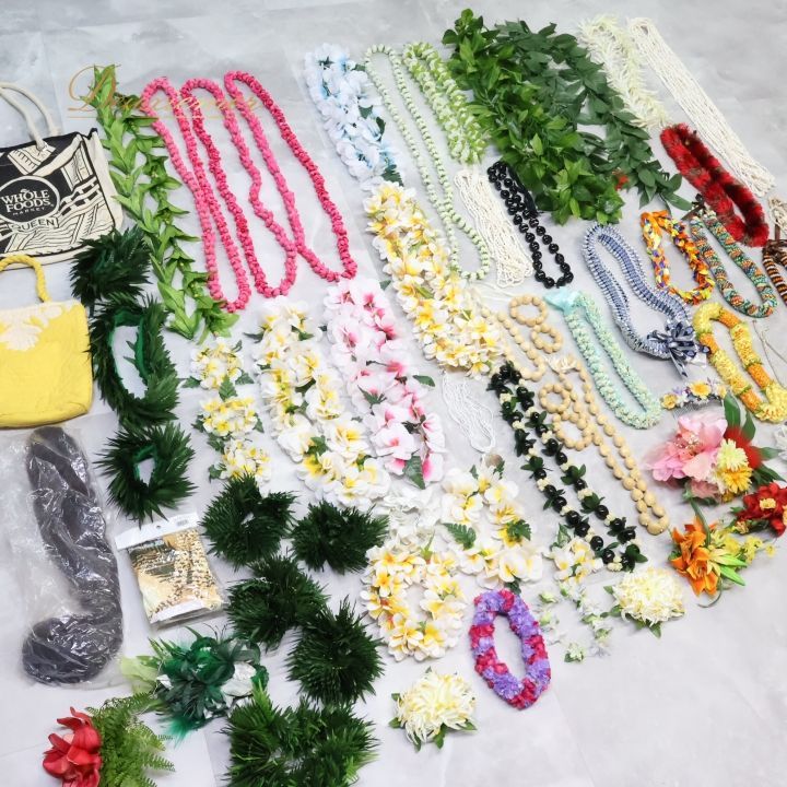 フラダンス 小物 小道具 全70点 セット カラフル ネックレス フラワーレイ リーフレイ シェルレイ 髪飾り 頭飾り バッグ ウィッグ 舞台 フラダンス タヒチアンダンス 民族舞踊 ダンス衣装 レイ ハワイアン 飾り付け カラフル系