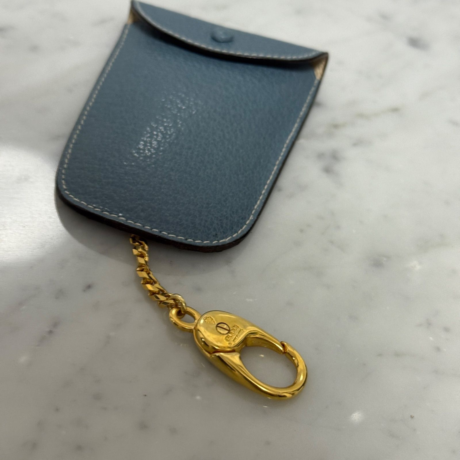 ♥ OLD GUCCI オールドグッチ キーケース チェーン 本革 レザー 水色 ゴールド 金