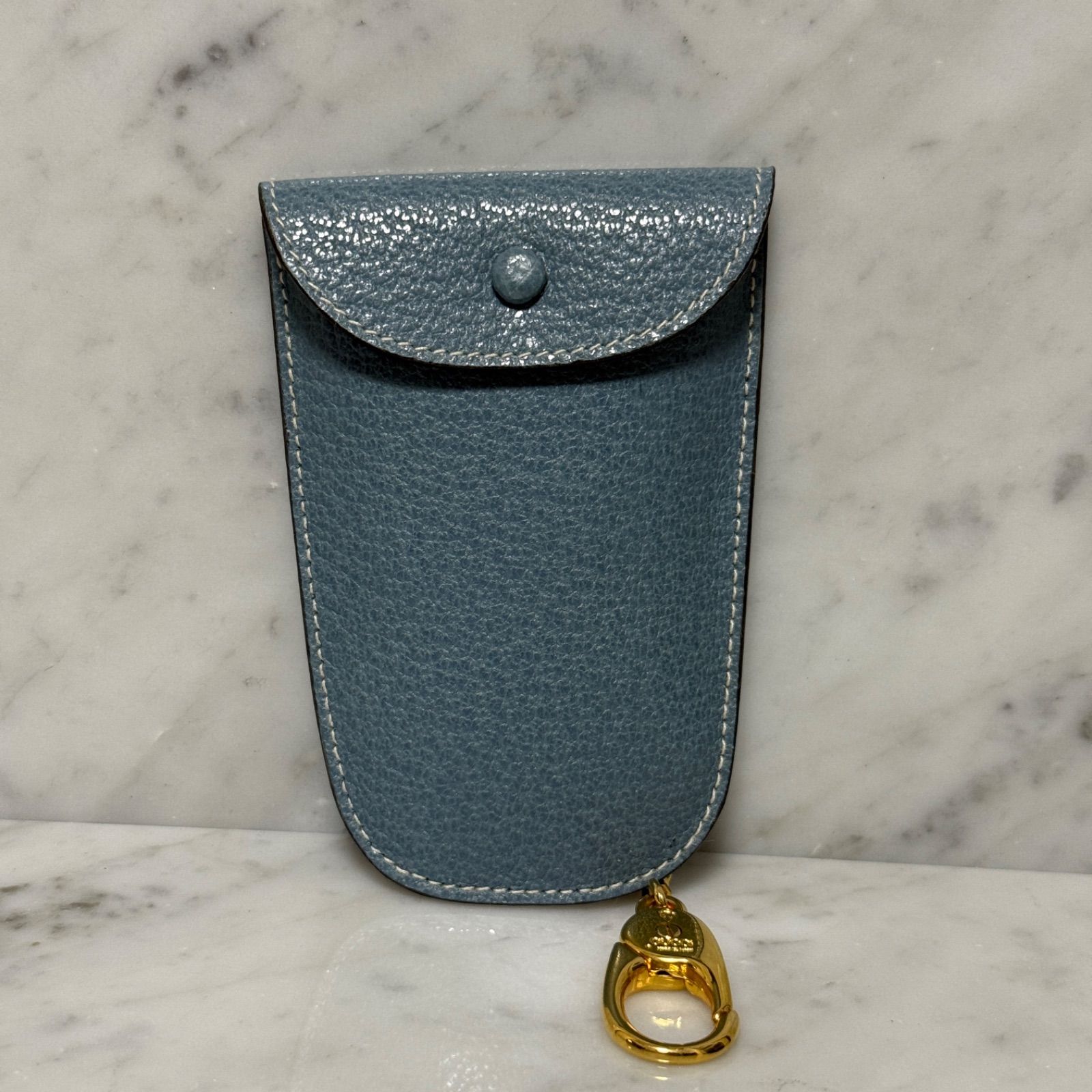 ♥ OLD GUCCI オールドグッチ キーケース チェーン 本革 レザー 水色 ゴールド 金