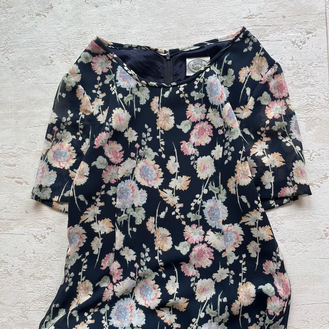 ローラアシュレイ花柄半袖ロングワンピース透け素材ネイビー7号F 3