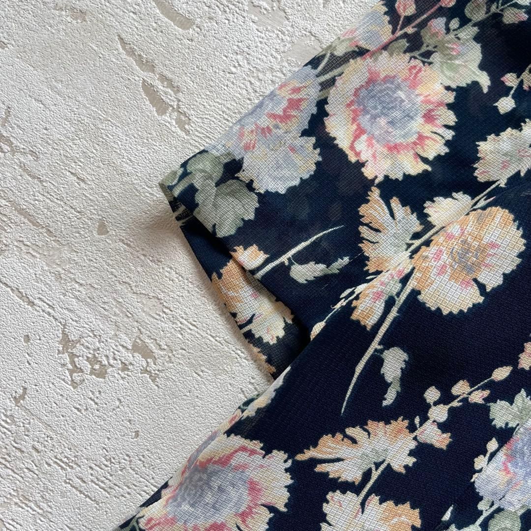 ローラアシュレイ花柄半袖ロングワンピース透け素材ネイビー7号F 3