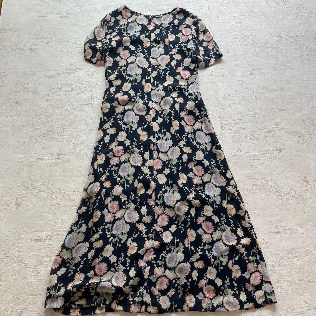 ローラアシュレイ花柄半袖ロングワンピース透け素材ネイビー7号F 3