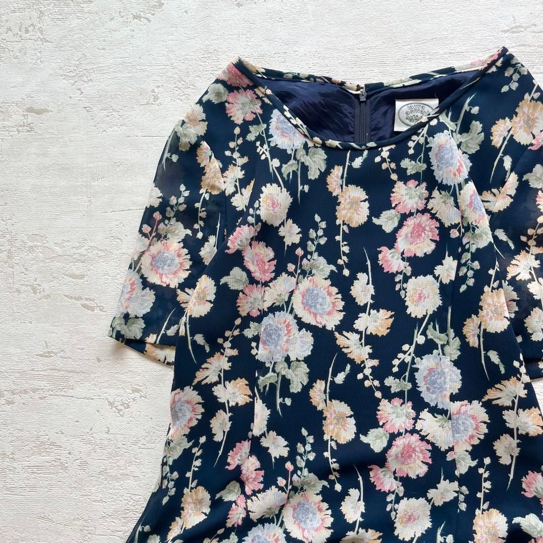 ローラアシュレイ花柄半袖ロングワンピース透け素材ネイビー7号F3