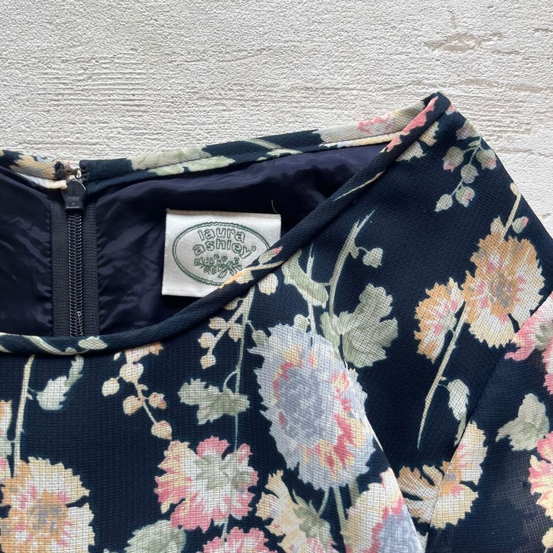 ローラアシュレイ花柄半袖ロングワンピース透け素材ネイビー7号F 3