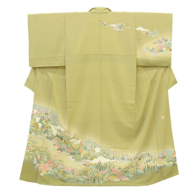 リサイクル着物 訪問着 正絹 絹 SILK シルク Mサイズ ちょっとふくよかL 特品 身丈160cm 裄丈63.3cm 袷 仕立て上がり 一つ紋 友禅 落款有り 作家物 緑 風景 リユース uu1765b