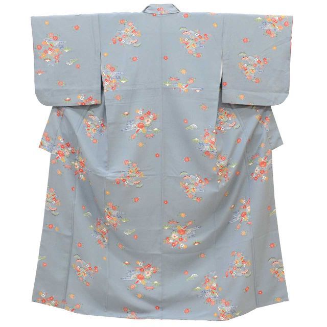 リサイクル着物 小紋 正絹 絹 SILK シルク Mサイズ 身丈159cm 裄丈64.6cm 袷 仕立て上がり 縮緬 紅型 グレー 花 リユース uu1768b