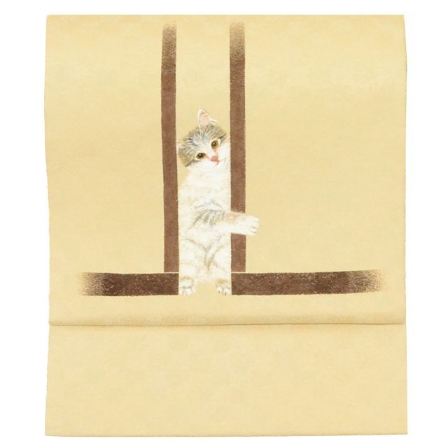 名古屋帯 リサイクル帯 帯 正絹 絹 SILK シルク kimono お太鼓柄 落款有り 作家物 手描き うめおか謹製 特品 猫 帯芯あり カジュアル 小紋 色無地 紋無し リユース uu2007b