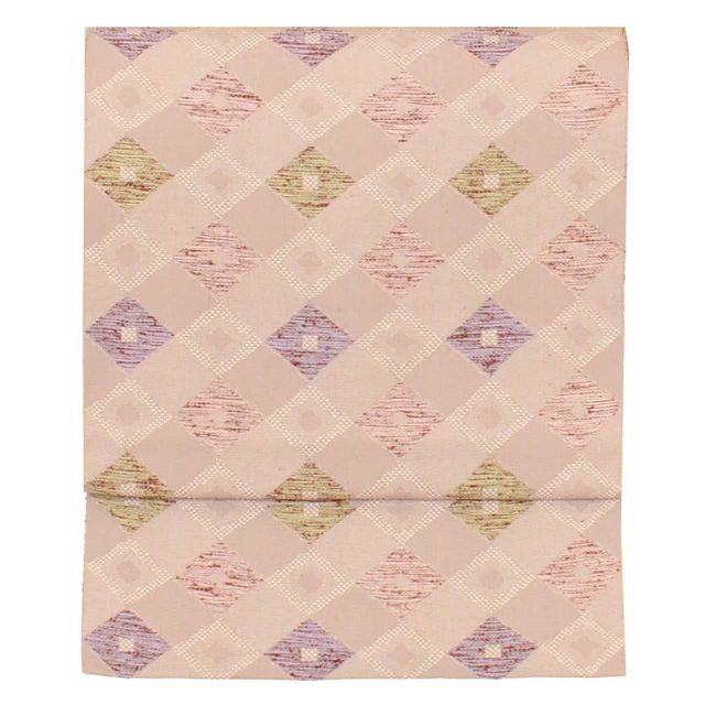 名古屋帯 リサイクル帯 帯 正絹 絹 SILK シルク 和紙 紬地 全通柄 やまと謹製 新はじく加工済 特品 菱 帯芯無し 着物 kimono カジュアル 小紋 色無地 紋無し 紬 単衣着物に合わせる 盛夏を除く リユース uu2012b