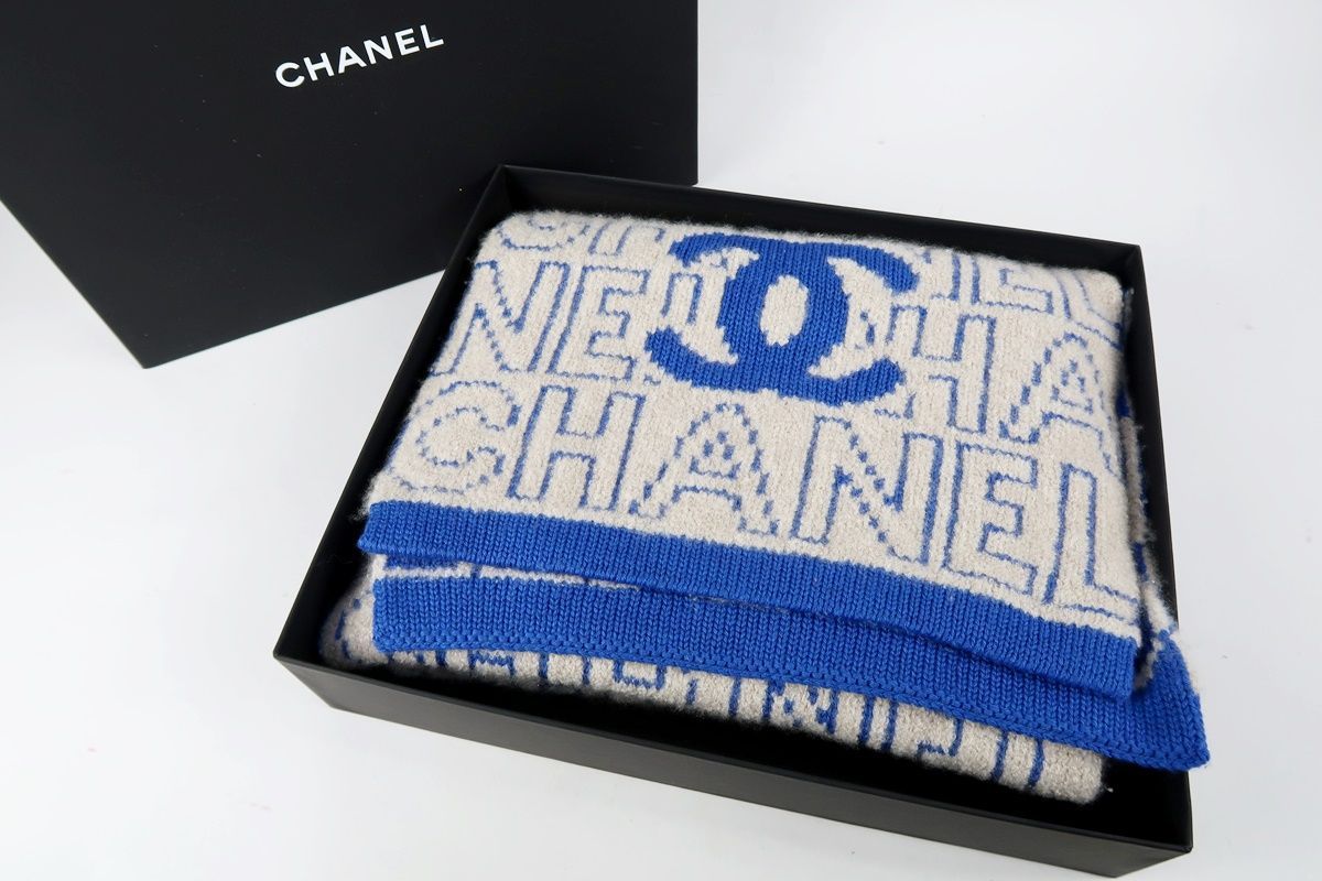 超 CHANEL シャネル マフラー カシミヤ ウール シルク 214×35 ブルー系 ココマーク