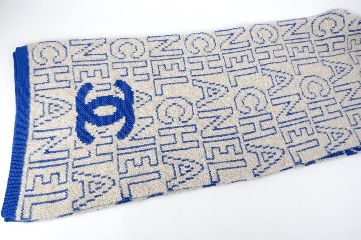 超 CHANEL シャネル マフラー カシミヤ ウール シルク 214×35 ブルー系 ココマーク