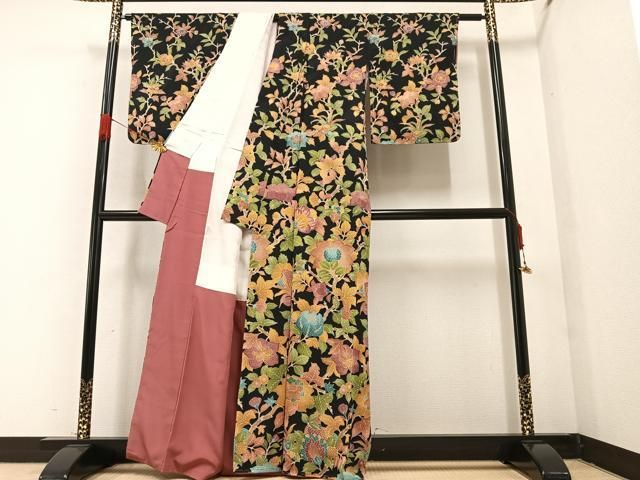 平和屋着物●訪問着　更紗枝花文　黒地　正絹　逸品　未使用　AAAZ5074ph 平和屋着物○訪問着 更紗枝花文 黒地 正絹 逸品 未使用 AAAZ5074ph