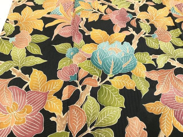 平和屋着物○訪問着 更紗枝花文 黒地 正絹 逸品 未使用 AAAZ5074ph