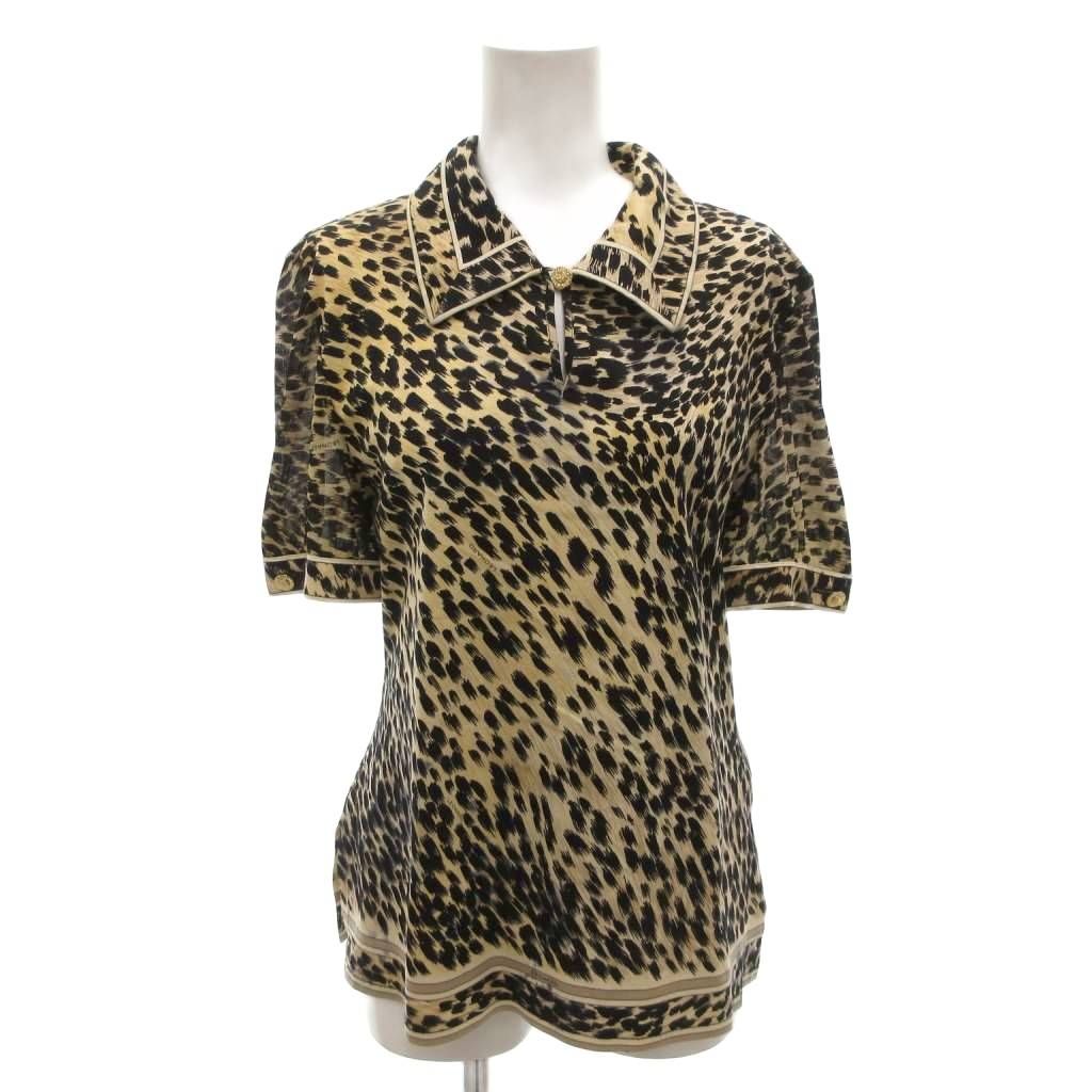 レオナール LEONARD ポロシャツ 半袖 L ブラウン 黒 ブラック レオパード柄 ゴールドボタン FF ECT