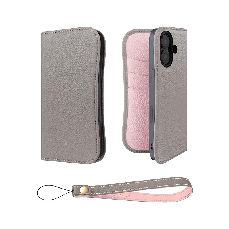 COGURE スマホケース iPhone16用 手帳型 ケース ダイアリーケース 本革 カード収納 ストラップ 落下防止 スタンド機能 TPUケース 耐衝撃 磁石なし ギフトボックス付き COPB グレージュ ピンク Grege PK
