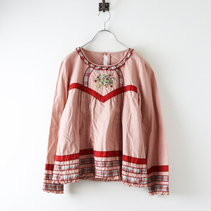 ピンクハウス PINK HOUSE ブーケ刺繍チェック使いフリルブラウス ピンク ピコ ピンタック プルオーバー シャツ 2400014660128