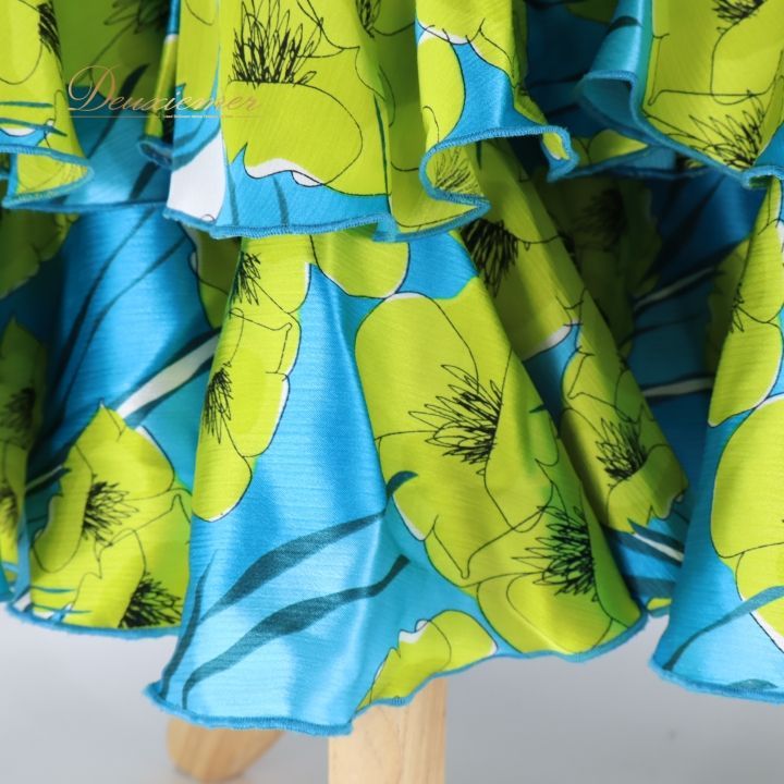 フラメンコ 衣装 ワンピース ドレス 花柄 光沢 ボランテ フリル 花柄 黄緑 S.D.ELVIRA ブルー系 グリーン系 フラメンコドレス 華やかエレガント 花柄 パーティー用 多彩 大人向け 感 ステージ衣装 フリルデザイン