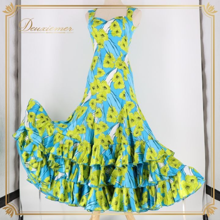 フラメンコ 衣装 ワンピース ドレス 花柄 光沢 ボランテ フリル 花柄 黄緑 S.D.ELVIRA ブルー系 グリーン系 フラメンコドレス 華やかエレガント 花柄 パーティー用 多彩 大人向け 感 ステージ衣装 フリルデザイン