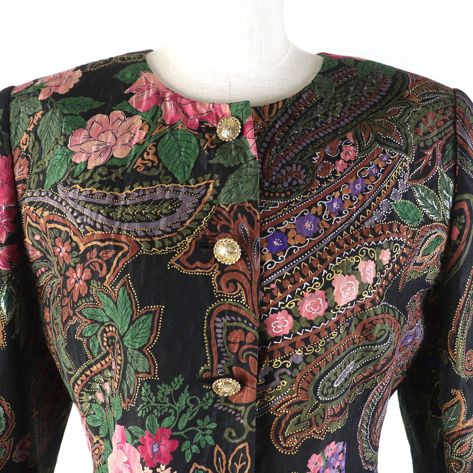 極美△LEONARD FASHION レオナール ファッション シルク ウール ペイズリー 花柄 ノーカラージャケット タイトスカート セットアップ 9AR 極美品△LEONARD FASHION レオナール ファッション シルク ウール