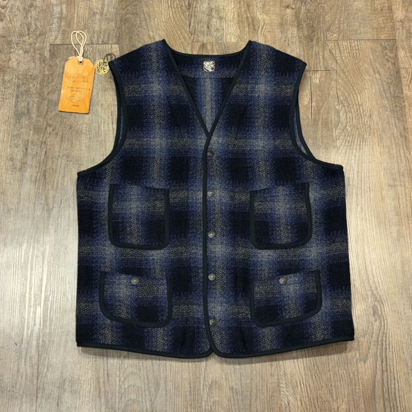 シュガーケーン フィクションロマンス ウール オンブレーチェック クルーザーベスト アメカジ SC14540 128 ネイビー42 XL サイズ