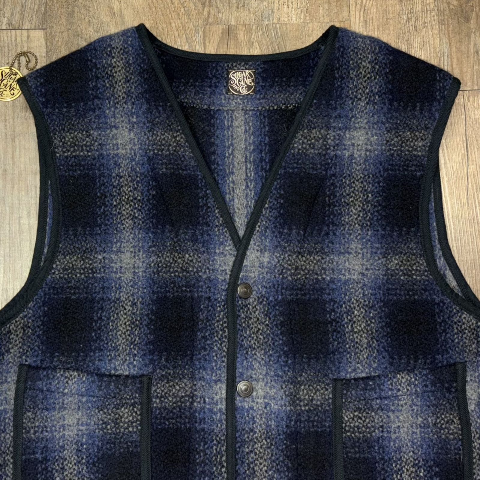 シュガーケーン フィクションロマンス ウール オンブレーチェック クルーザーベスト アメカジ SC14540 128 ネイビー42 XL サイズ