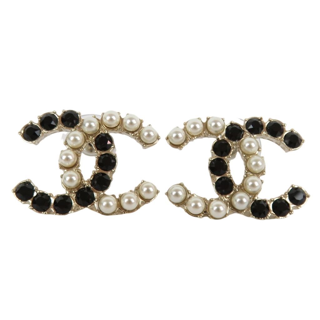 CHANEL シャネル フェイクパールｘラインストーン ブラック CC ピアス ココマーク B20 ホワイト ブラックイタリア製 保存袋 外 rk10159