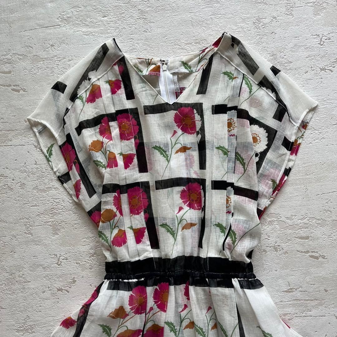 昭和レトロ花柄ノースリーブロングワンピースグラデーションホワイトフリーサイズN 2