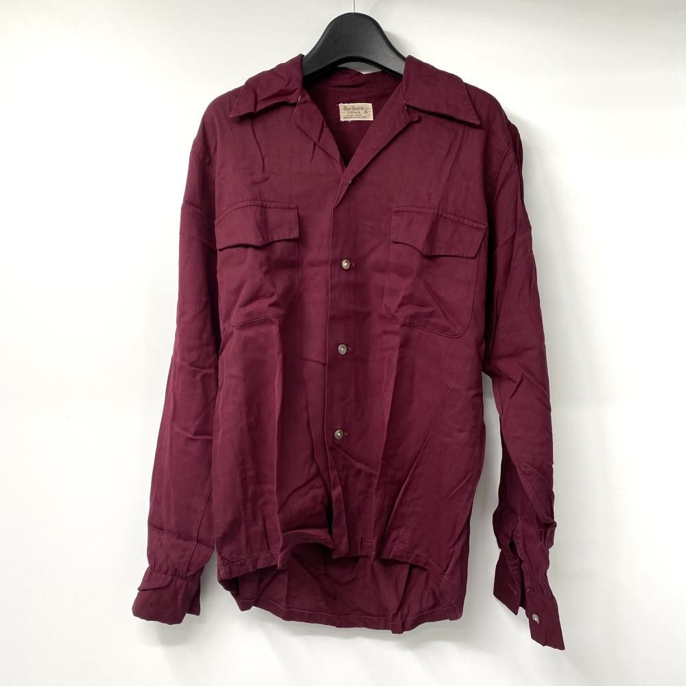 50s Marlboro ギャバシャツ サイズS バーガンディ フラップポケット 左袖ボタン欠け 胸部分スレ マルボロ 17
